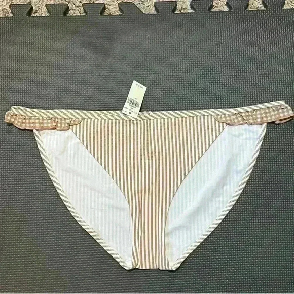 Aerie Bikini Bottom Women Large Brown Stripe Gingham Ruffle Full Coverage NWT - Picture 1 of 4